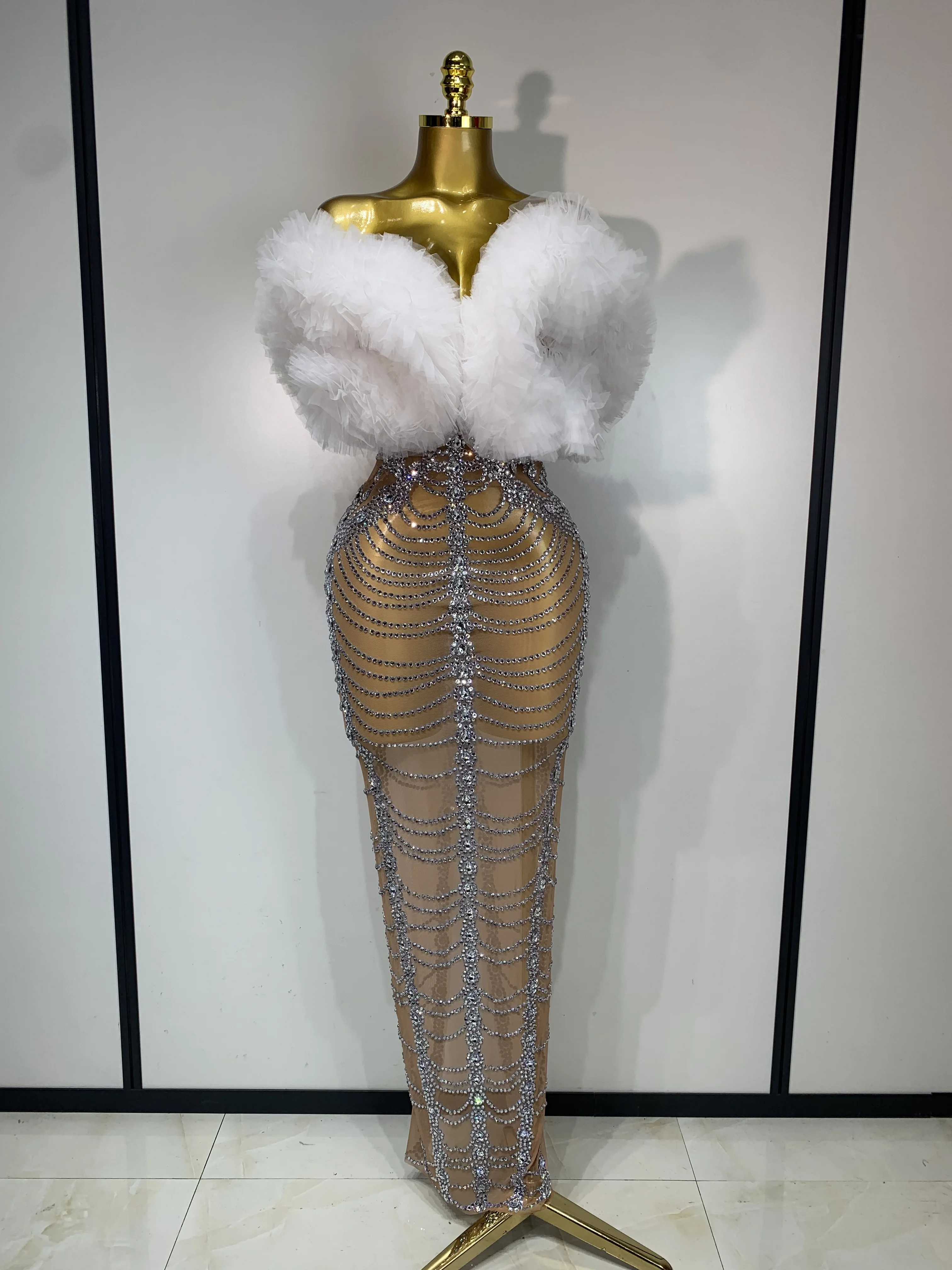 Vestido ajustado sexi sin tirantes con diamantes de imitación para mujer, disfraz de lujo para fiesta de cumpleaños, Bar, club nocturno, traje para actuación en escenario de celebridades