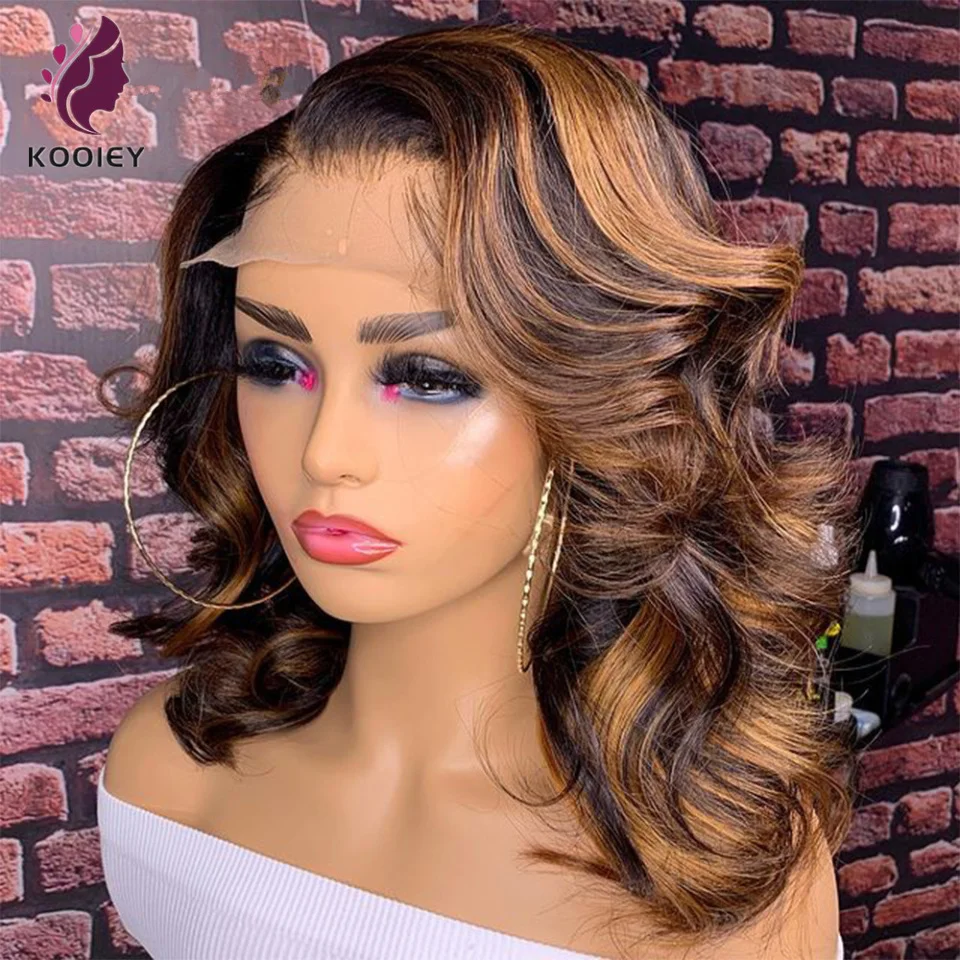 

1b/30 Highlight Wig Lace Front Short Bob Body Wave Wig Pre Plucked Bleached Knots Ombre 4x4 Closure Wavy Wig Brazilian Hair Wigs