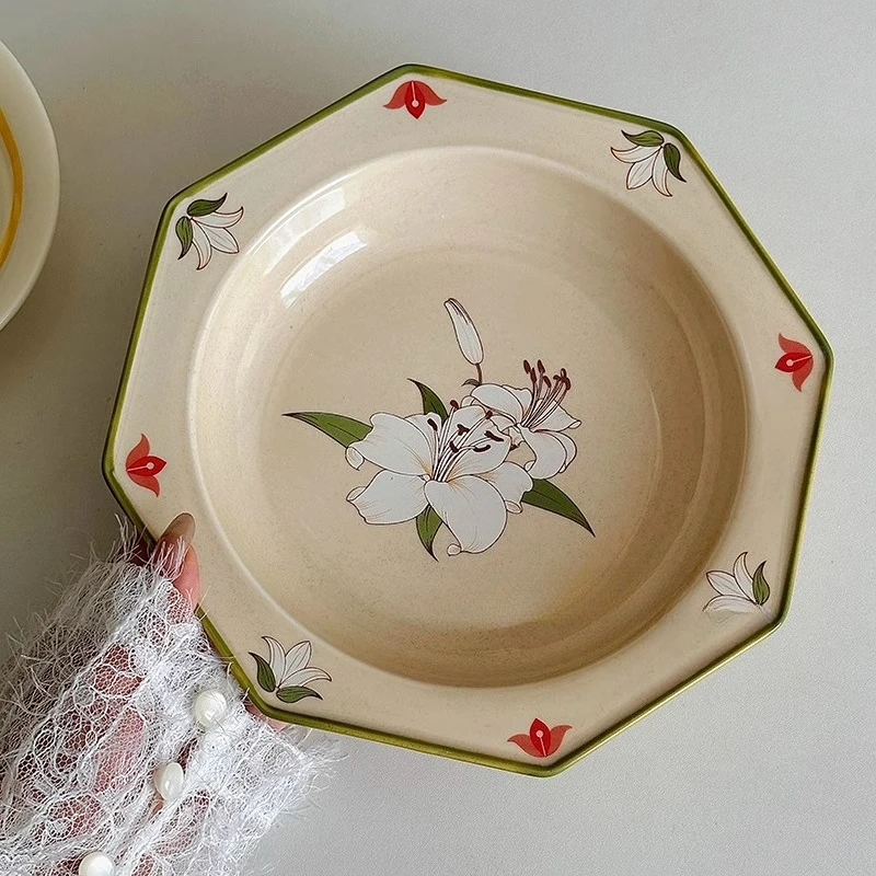 Vintage Lily Ceramic Octagonal Plate Underglaze Color Dessert Multi Purpose Plate Household Vegetable Plates Salad Bowl