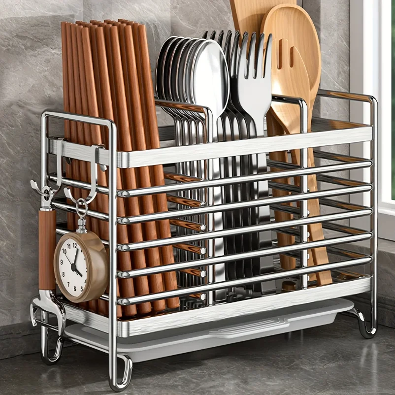 

No-Drill Wall-Mounted Utensil Holder. Stainless Steel Space-Saving Organizer for Kitchen Cutlery, Ideal for Small Spaces.