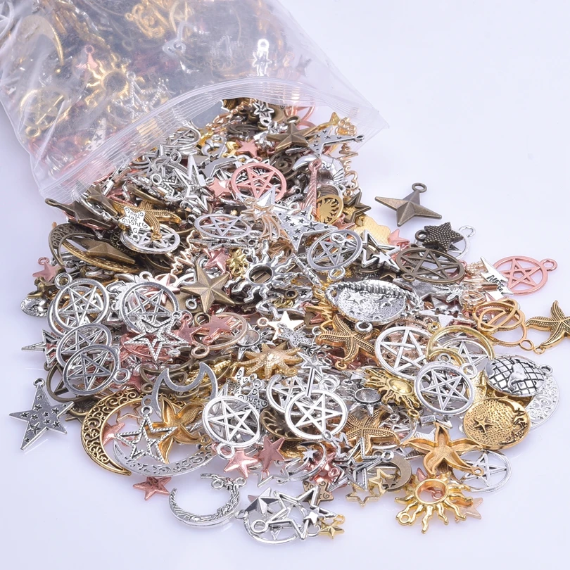 Random Mix Star Moon Sun Series Alloy Charms Bronze,Rose Gold/Silver Color Pendant Fit DIY Jewelry Making Necklace Bulk Supplies