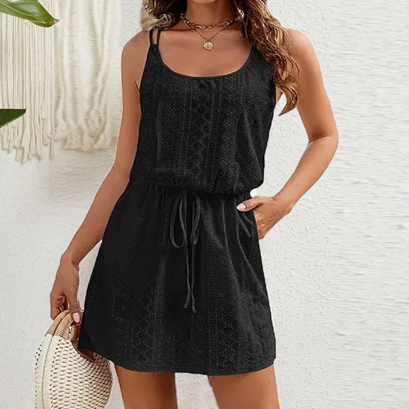 Summer Sleeveless Mini Dress Women Casual A-Line Drawstring Pocket Beach Holiday Dresses For Women Short Dress White