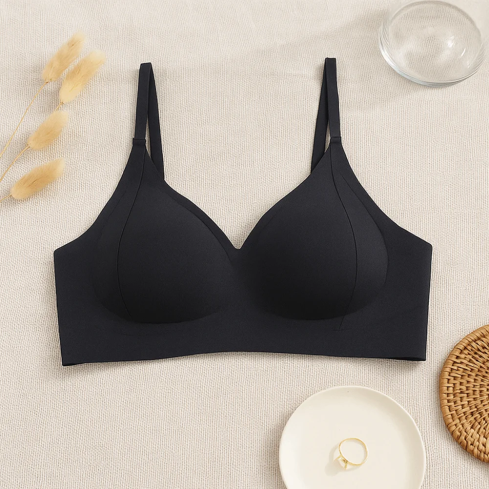 심플하고 달콤한 무선 푸쉬업 브라 딥 V 쇼크프루프 여성용 속옷 얇고 무봉제 브라 소녀용