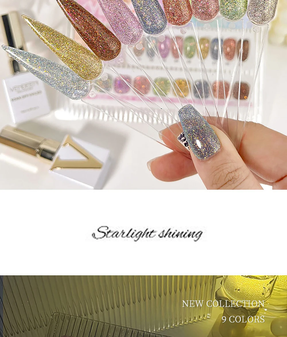 Vendeeni 9 Farben/Set Regenbogen Glitzer Gebrochener Diamant Gel Nagellack UV LED Aushärtbarer Gel-Lack Flash Nail Art Gel mit Display – Detail 7