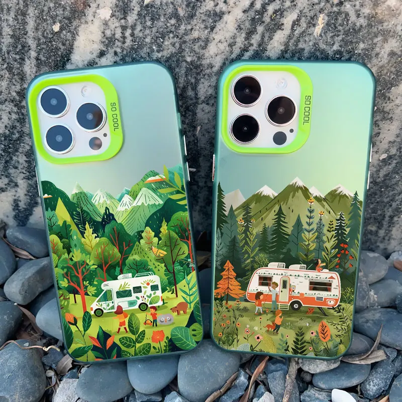 Summer Tourist Scenery Recreational Vehicle Phone Case For iPhone 12 11 14 Pro Max 15 13 Mini Pro Max 15 14 Plus Laser Covers