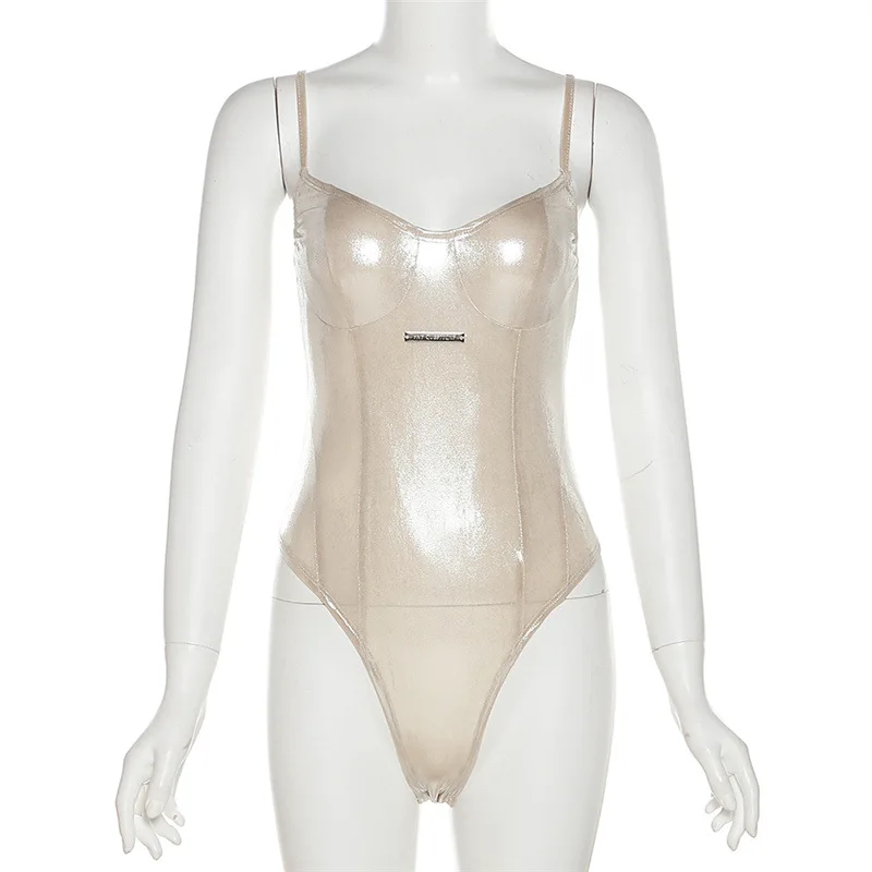 European and American sexy pearl shiny thin suspender jumpsuit with metal label, tight fitting and shaping spicy girl top