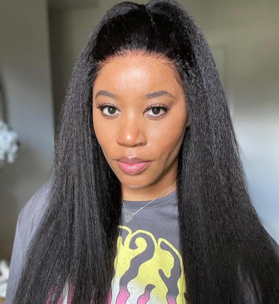 

Kinky Straight 5×5 Lace Front Human Hair Wigs Glueless Natural Color Transparent 220 Density Lace Frontal Wig Ready to Wear 1B