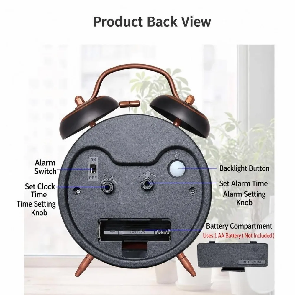 4 Inch Retro Alarm Clock Black&Gold Silent Movement Desktop Clock with Night Light Stable Feet Ringing Alarm Clock Office Desk
