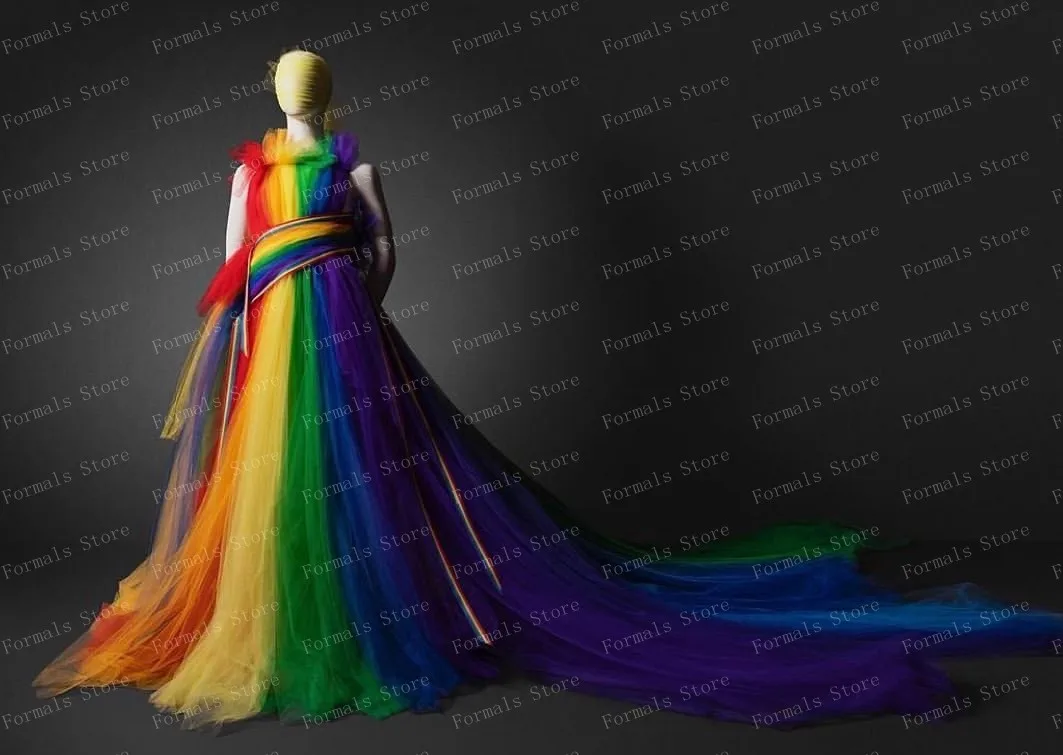 Colorful Evening Dresses For Women Floor Length Prom Dress Rainbow Women Clothing Female Clothing With Train Custom Made