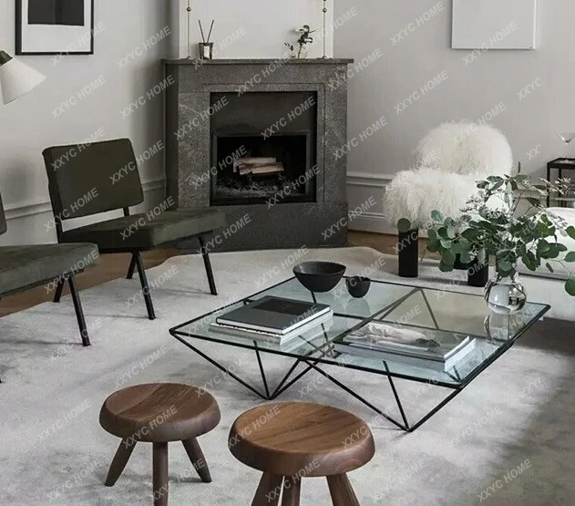 Iron Art Geometric Ultra-clear Tempered Glass Creative Square Coffee Table Sofa Table Simple Modern