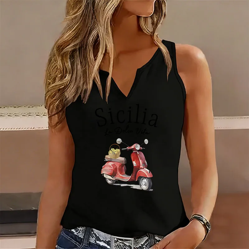 Fashion La Dolce Vita Sleeveless Tank Top T-shirt V Neck Casual Y2k Kawaii Vest T Shirts Women Tee Shirt V-Neck