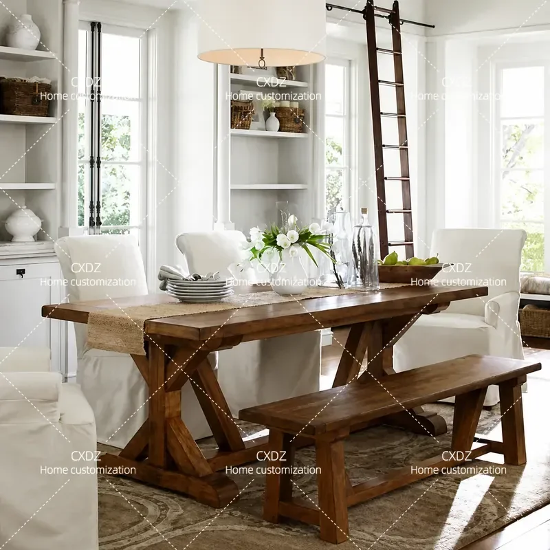 American Retro Solid Wood Dining Table Pastoral Home Rectangular Log Desk for Villa