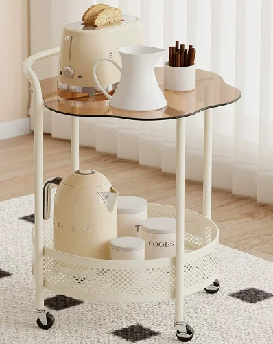 Modern Luxury Small Apartment Side Table Cream Breeze Movable Glass Coffee Cart Sofa Mini Coffee Table Creative Design Living