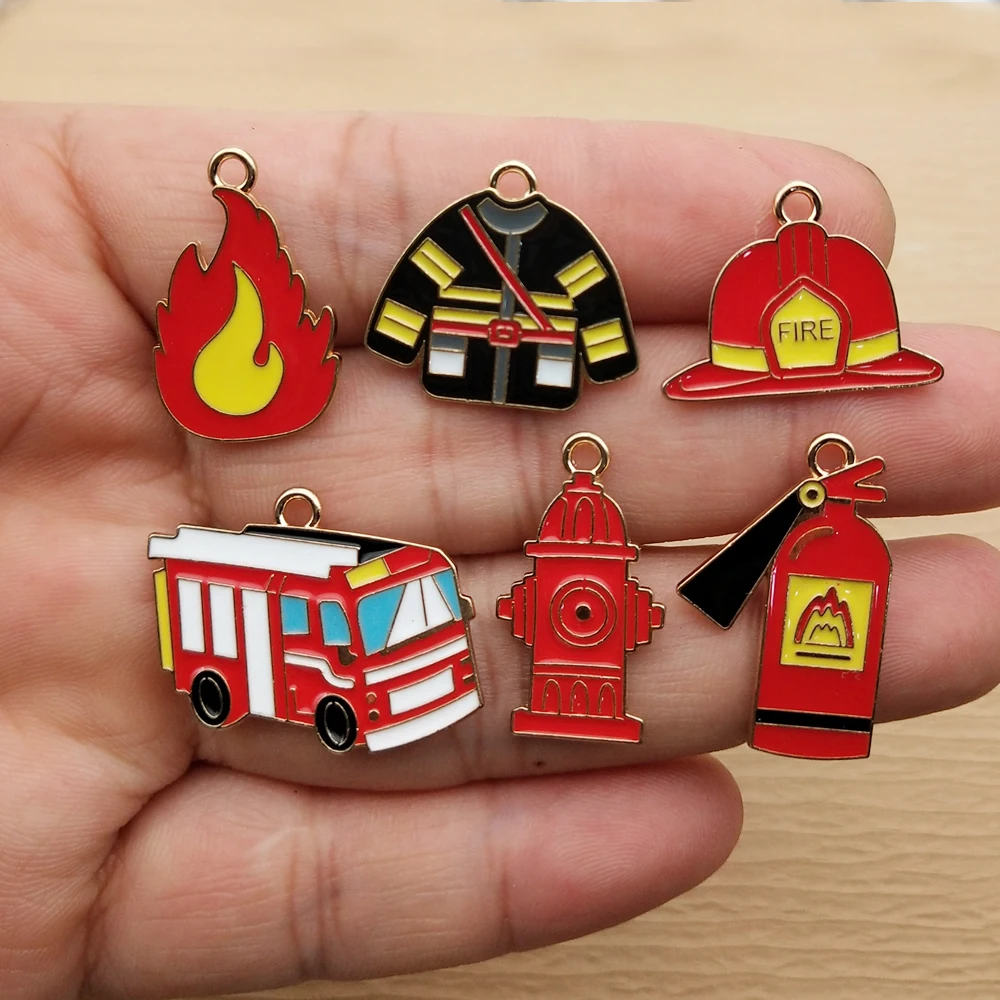 10pcs Firefighting Charm for Jewelry Making Enamel Necklace Earring Bracelet Pendant Diy Accessories Alloy Metal Gold Plated