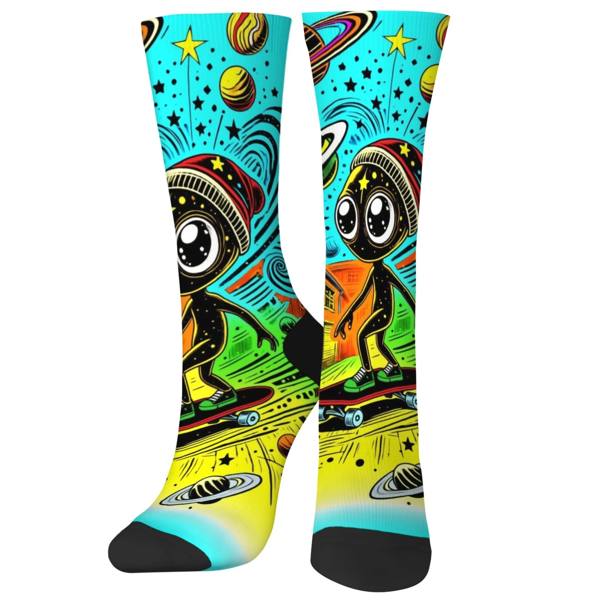 Harajuku Retro Alien Skateboard Print Herrensocken Bequeme atmungsaktive rutschfeste Freizeitsocken Neuheit Straße Hip-Hop Crew Socken