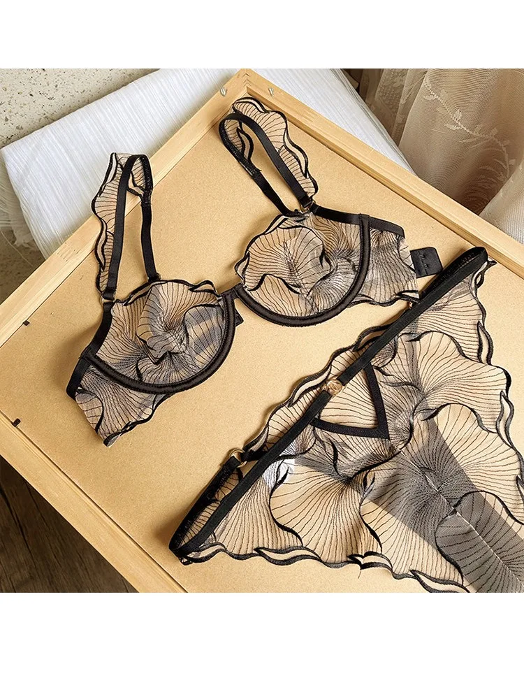 KUCLUT Full Bust Sheer Lace Bra Set - Ultra Thin Push Up Minimizer Lingerie, Transparent See Through Mesh Bra & Thong, Sexy bra 4