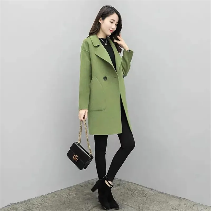 

Avocado Green Woolen Coat 2023 New Korean Style Women's Fashion Spring Autumn Jacket Tops Elegant Ladies Casual Woolen Outerwear