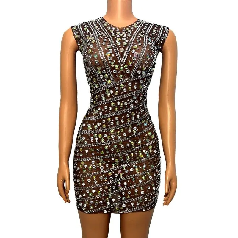 

Women Shiny Rhinestones Sleeveless Mesh Bodycon Short Dress Luxury Crystal Diamond Transparent Celebrity Prom Birthday Dresses