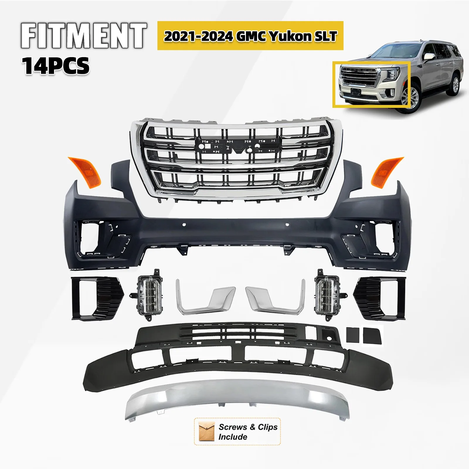 

Front Bumper Cover Grille Grill Assembly For 2021-2024 GMC Yukon SLT 14 PCS