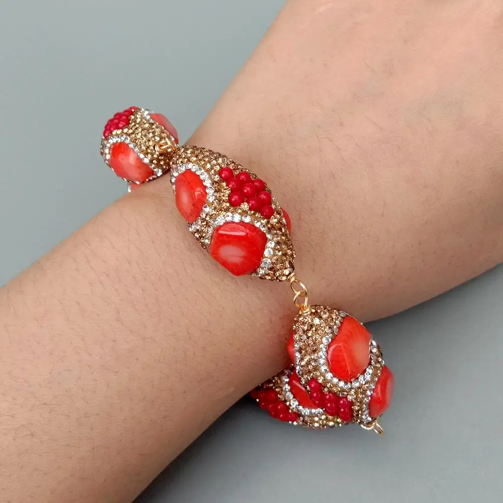 

YYGEM big Orange Red Coral Golden Crystal Pave rice Bead wrap Bracelet