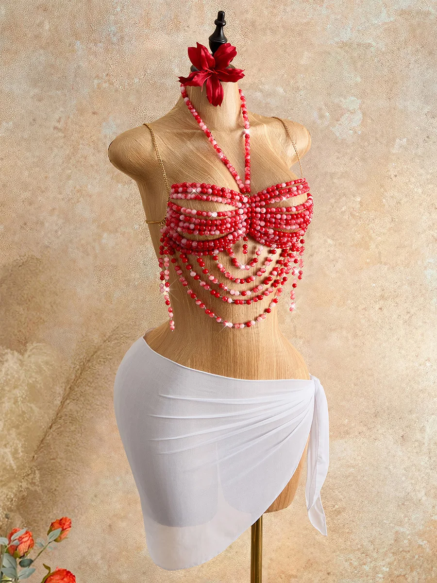 Red Powder Gradient Bead Corset Style Body Chain, Multi-Layer Tassel Crystal Hanging Neck Bead Top, Beach Bikini Matching