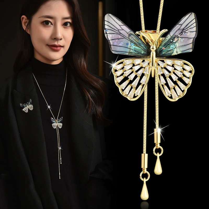 2023 New Statement Crystal Butterfly Pendant Long Necklace Brooch Fashion Charm Sweater Chain Choker Women Collares Jewlery Gift