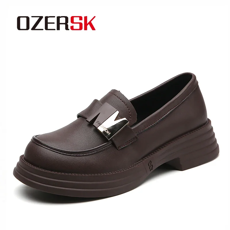 OZERSK Women's Casual Single Shoes Versatile Fashion British Style Metal Buckle Heightening Thick Heels Work Shoes Size 35-40