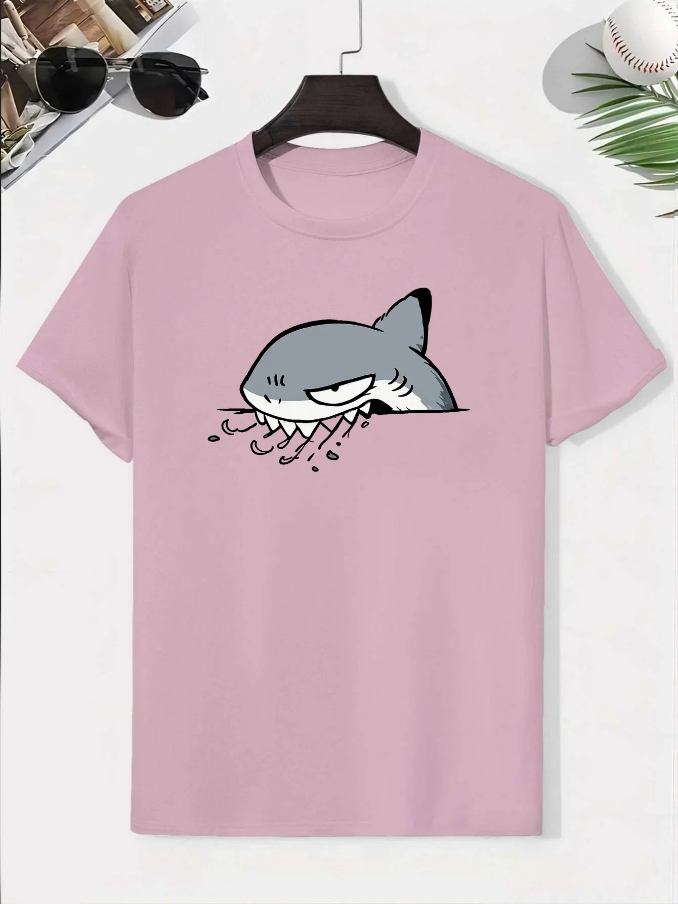Cartoon Shark Gray Fang Watermark Pure Cotton Boy's T-shirt Creative Parent-child T-shirt Lightweight Comfortable Short Sleeved
