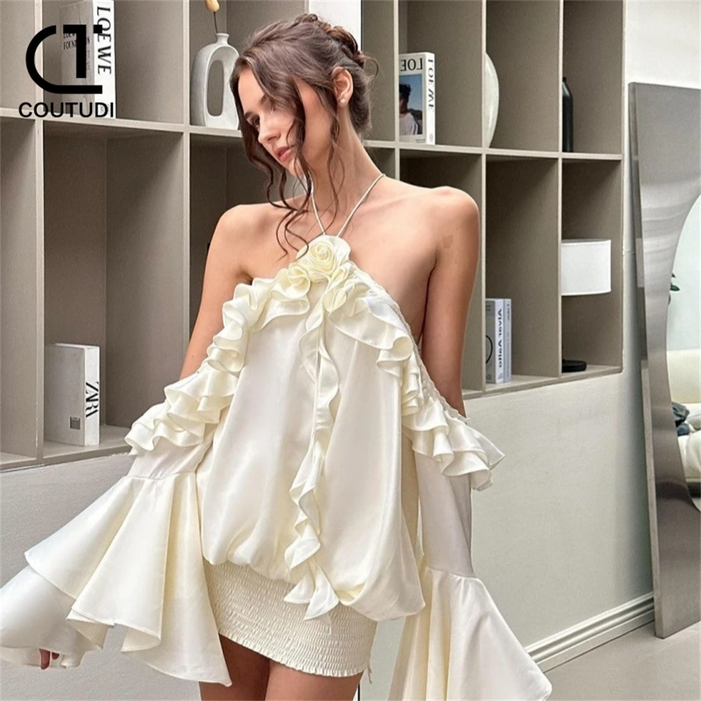 

COUTUDI Elegance Off Shoulder Dresses Lotus Leaf Edge Flared Sleeve Backless Mini Dress Sexy Evening Club Party Women Vestidos