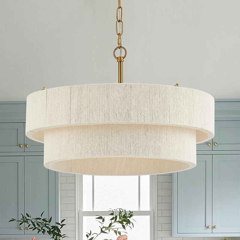 Hemp Rope Double Layer Pendant Light Rural Hanging Lamp Adjustable Height Chandelier Hotel Kitchen Island Dining Living Room
