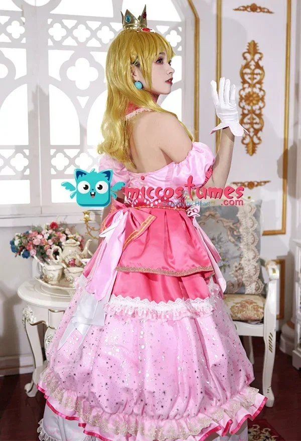 Miccostumes x akuoart Peach Cosplay Lolita Dress Royal Gown Cosplay Costume with Crown Earrings