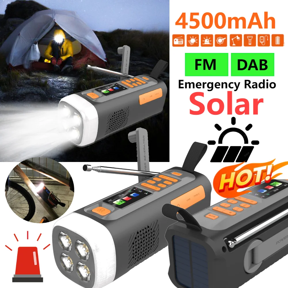 1pcs 4500mAh Portable DAB FM Radio Hand Crank Emergency LED Flashlight BT Speaker Solar Weather Radio for Camping Storm Survival