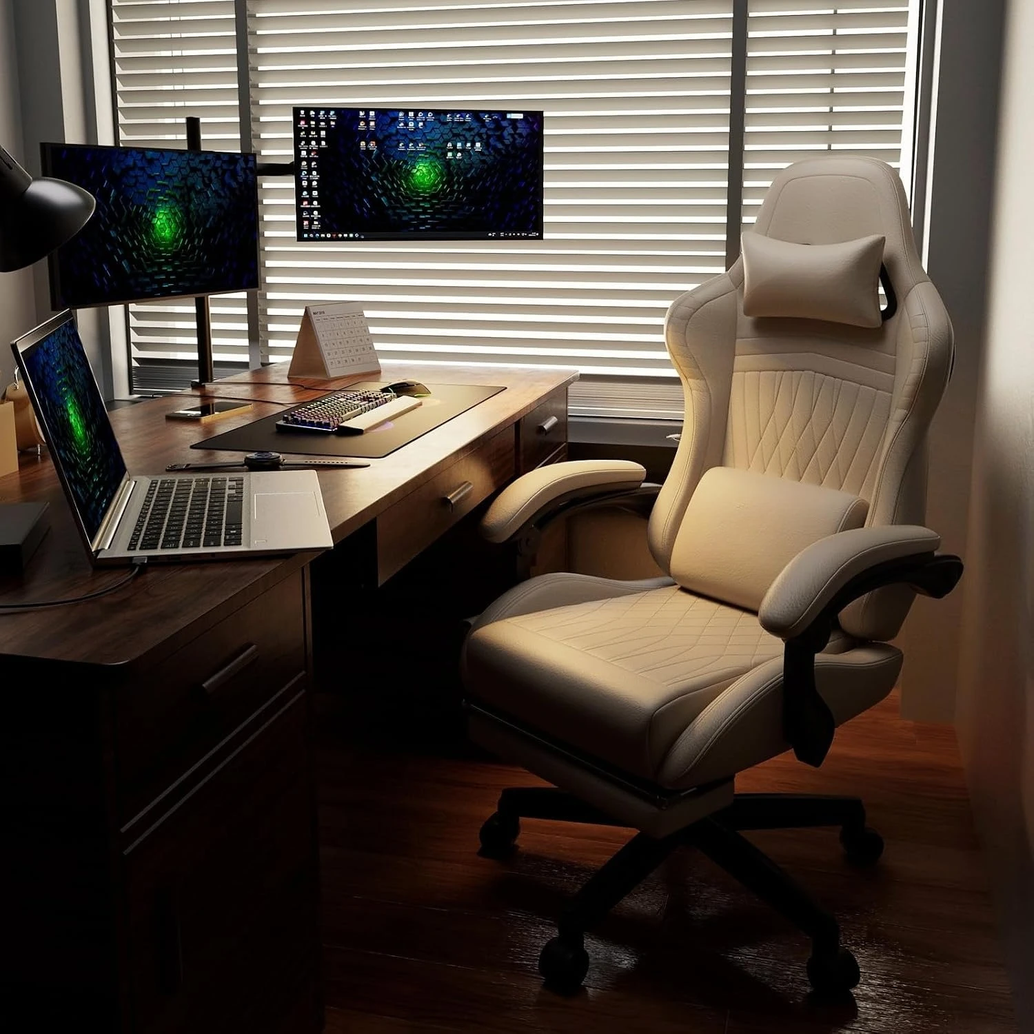 Gaming Chair with Speakers ACE-PRO, s with Footrest for Adults, Built-in Speakers, App Support &Bluetooth Control , Ivory