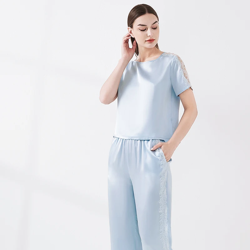 Heavy 100% Mulberry Silk Lace Trim Short Sleeve Top and Trousers Breathable Women Pajama Set Round Neck Nightwear Loose Pajamas