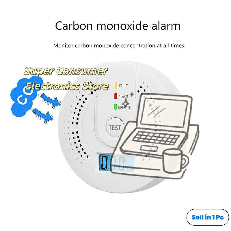 CO Detector Monitor Alarm with Low Battery Alert LCD Digital Display AA Battery Powered for Home Daily Use
