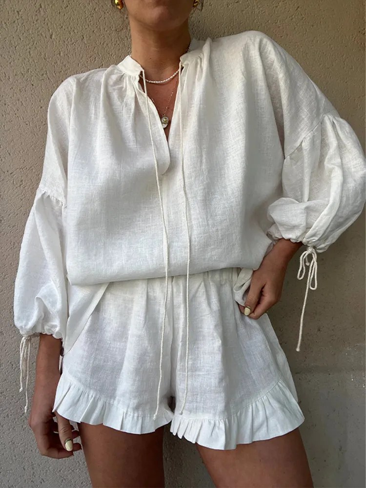 2024 Summer Beach Highstreet Outfits Casual V-neck Drawstring Long Sleeved Top Sets Women Fashion Loose Ruffle Shorts Suits