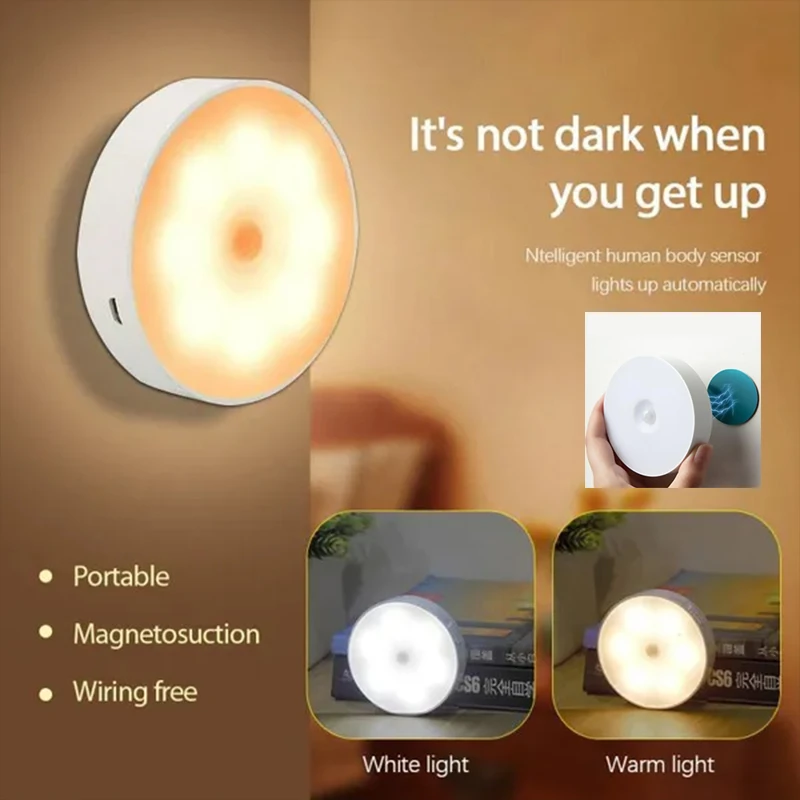 Intelligent LED Cabinet Light Human Body Induction Rechargeable Round LED Night Light With Switch White/Warm Light Bedside Lamp