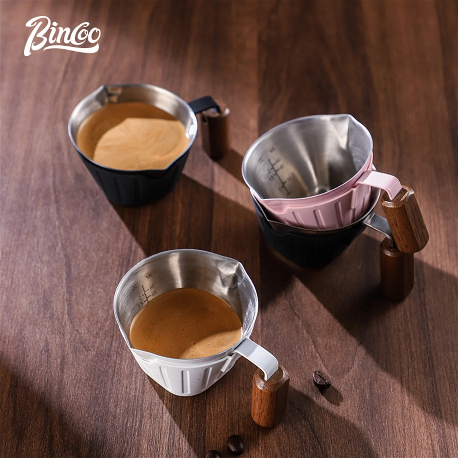 Bincoo Professional Espresso Measuring Cup, 90ml Dual Spout with Wood Handle and ml/oz Scales for Barista-Level Control