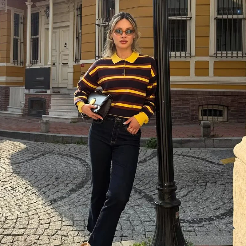 

Women Autumn Winter Striped Sweater Contrast Color Knitted Pullover Women Lapel Loose Long Sleeve Sweaters Vintage Fashion Tops