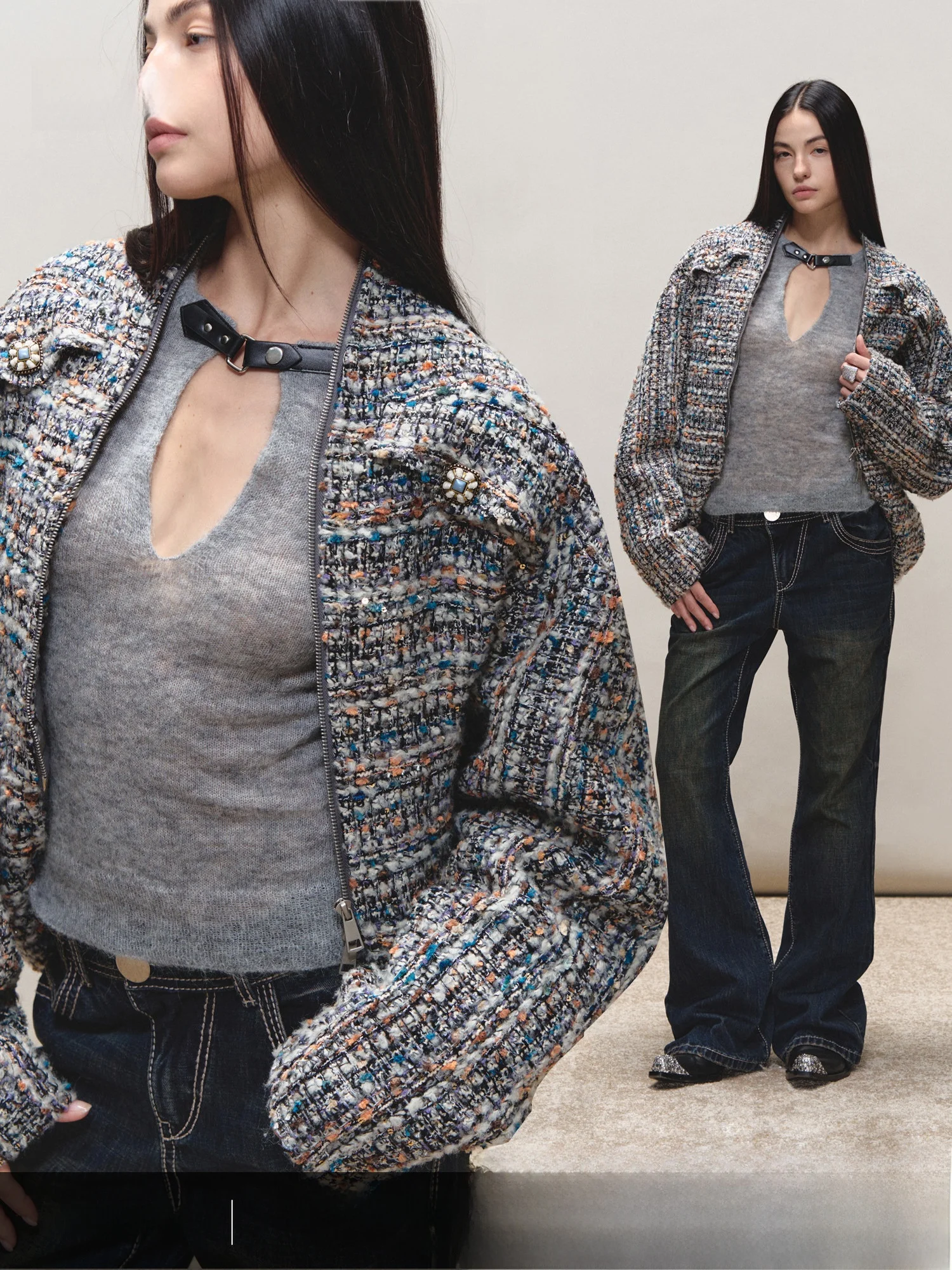 

Оригинальный шерстяной вязаный топ PRRP с длинными рукавами, ажурным дизайном, высокой эластичностью, облегающим кроем и металлическими элементами, из смесовой шерсти, для женщин