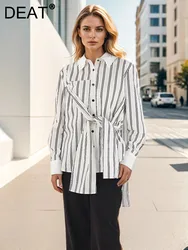 DEAT Fashion Women's Stripe Shirt Lace-up Single Breasted Single Breasted Asymmetric Designer Blouse Autumn 2024 New CPDB253