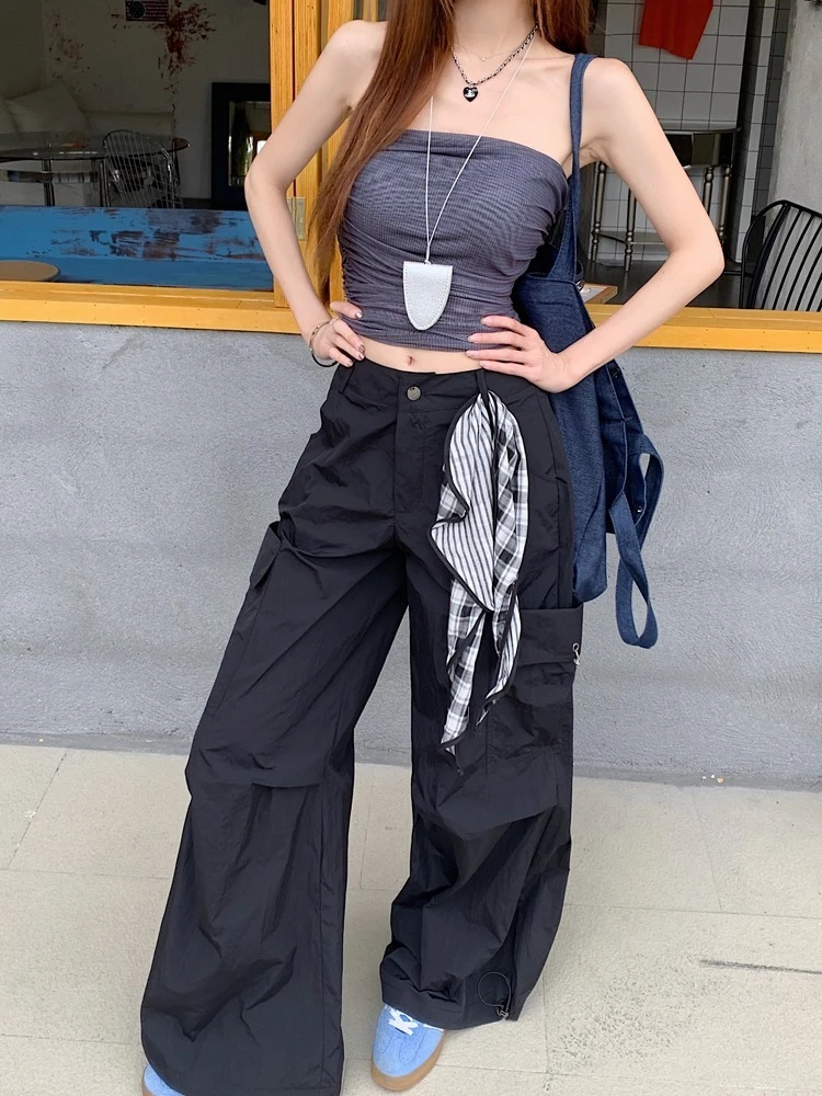 Pantalon décontracté pour femmes, couteau incurvé délavé, poche détachable, Design carré, jambes larges, couleur unie, été, nouveau