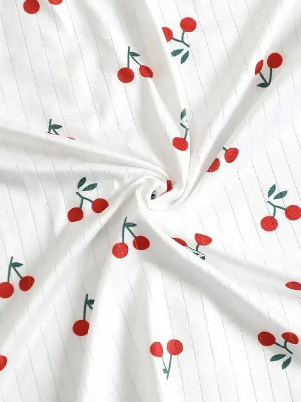 純粋な欲望スタイルの女性のパジャマ秋夏セクシーな V ネックレースチェリープリント Tシャツスリムフィット半袖ショーツセット G4J7