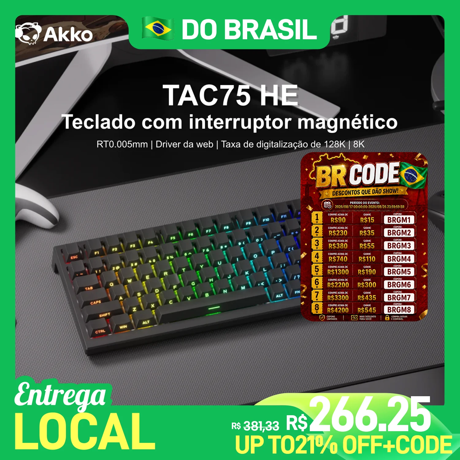Teclado Mecânico Akko TAC75 HE 75% com Switches Magnéticos, Rapid Trigger 0.005mm, ARGB, Taxa de Polling 8K, Teclado Gamer Personalizável com Fio