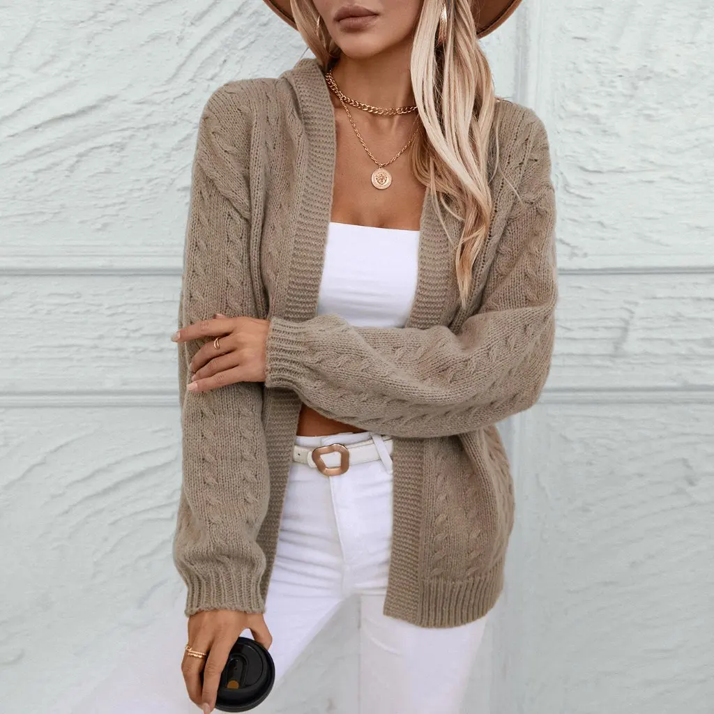 

Women's Retro Hooded Knitted Cardigan Solid Color Long-Sleeved Sweater Jacket European American Style Autumn Winter Fashion