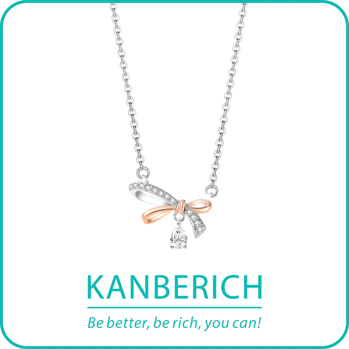 Kanberich S925 Real Sterling Silver Cubic Zirconia Sweet Girly Bow Couple Pendant Clavicle Chain Necklace