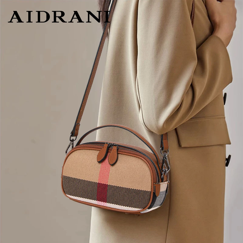 

Aidrani Classic women's checkered single shoulder crossbody bag, made of canvas cowhide material, mini circular design, brown