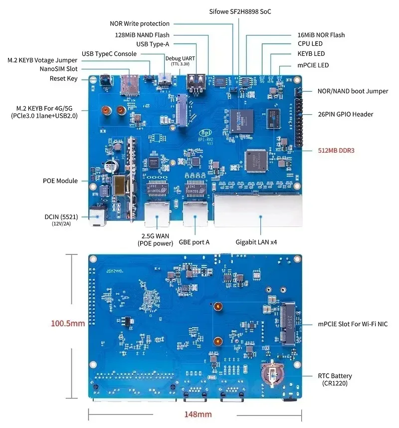 Banana Pi BPI-RV2 Siflower SF21H8898 Processador RISC-V de 4 núcleos 512 MB DDR3 16 MB SPI NOR flash RTC Risc-V Gateway Board