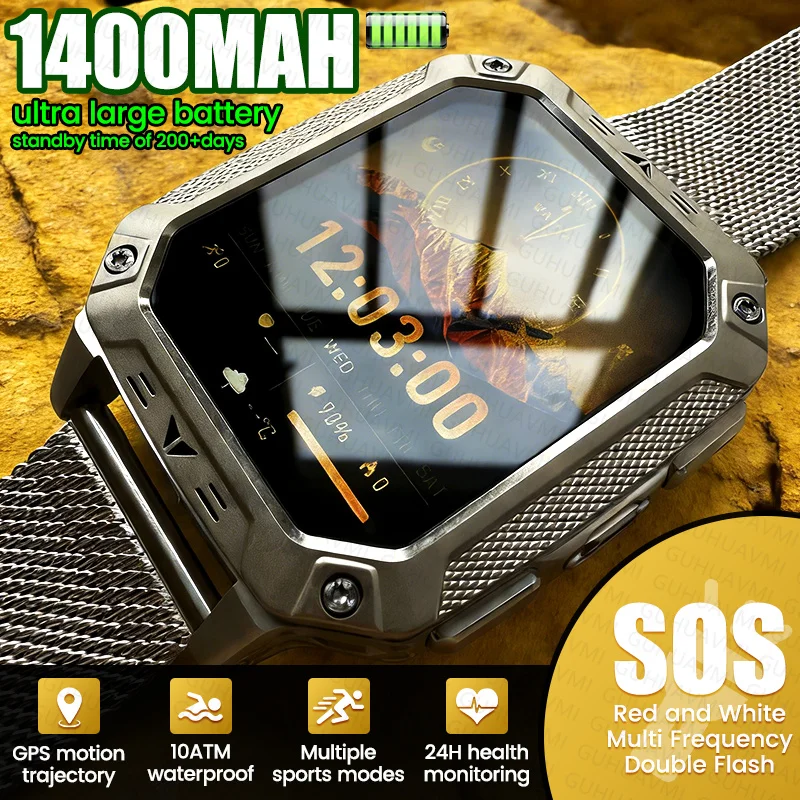 

Умные часы для мужчин с GPS, Bluetooth-вызовами, водонепроницаемостью 10ATM, прочной батареей 1400 мАч, функцией SOS и двойной фонарикой для ночного использования на улице