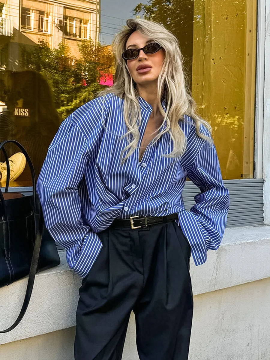 CGCBAG Casual Blue Striped Women Shirts Korean Fashion Long Sleeves Blouse Single Breasted Street Shirts Woman Clothes Top